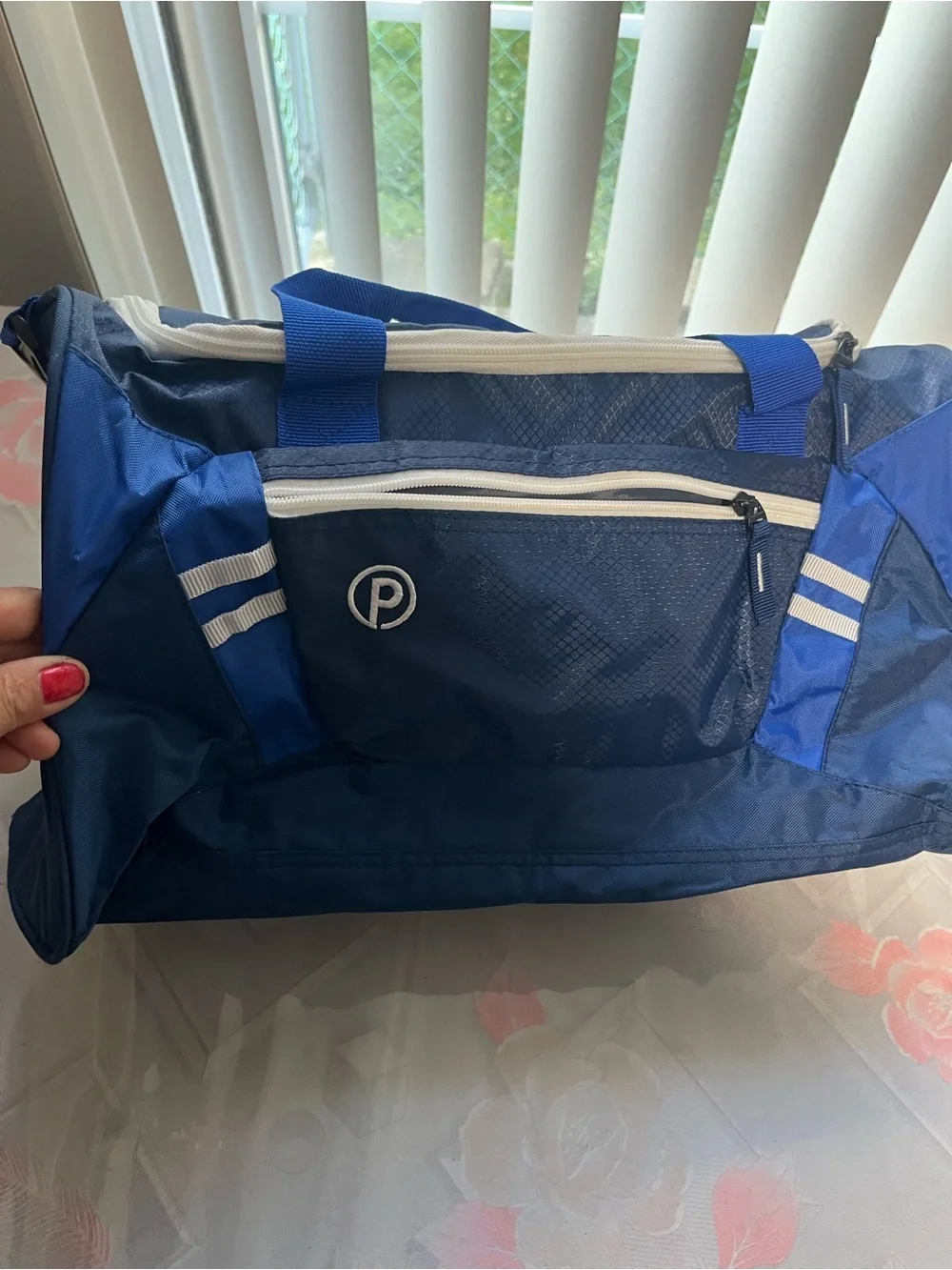 Men's Navy Blue Duffel Bag with White Trim and Dual Carry Handles